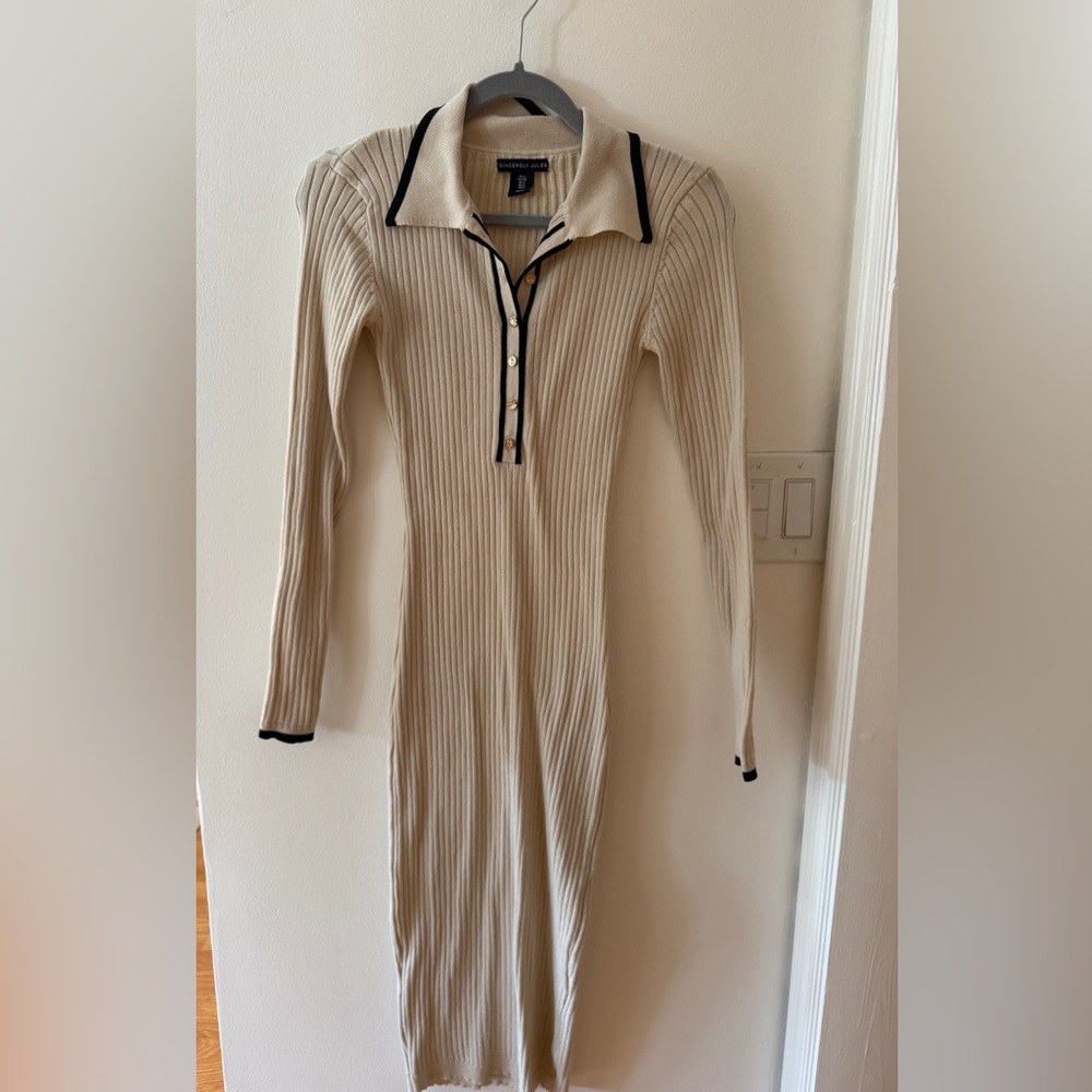 Sincerely Jules Cream Ribbed V-Neck Sweater Dress with Black Trim